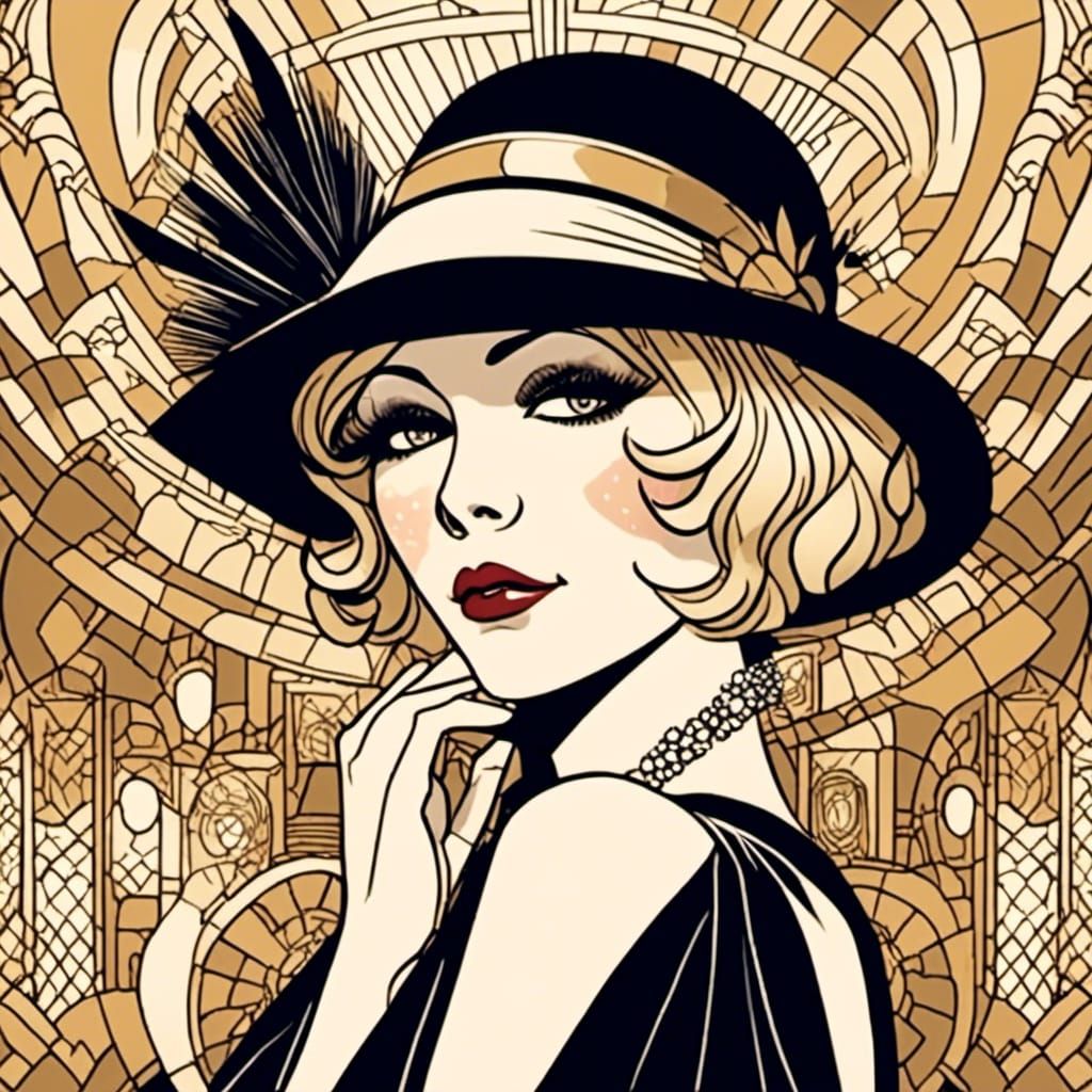 A stunning woman in a flapper hat in an art deco setting and...