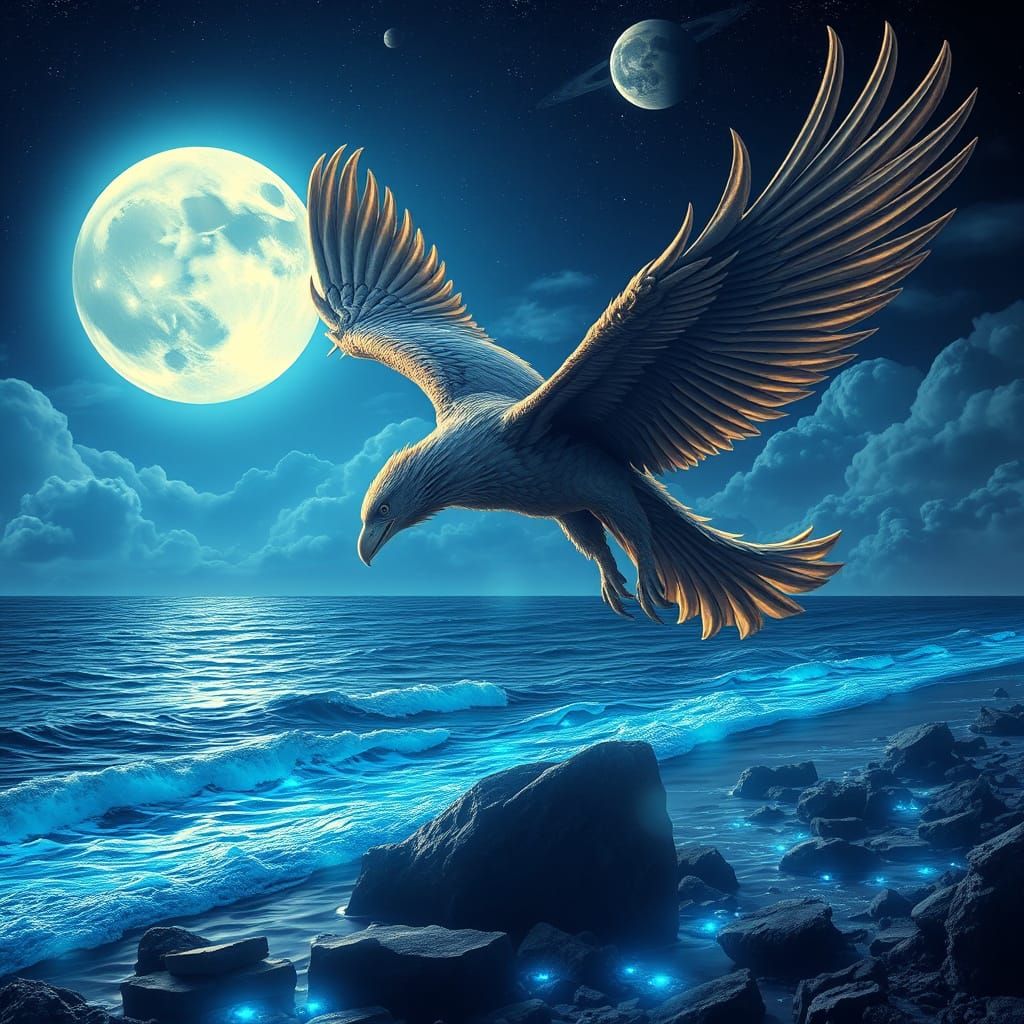Cosmic Griffin Soaring Over Bioluminescent Ocean