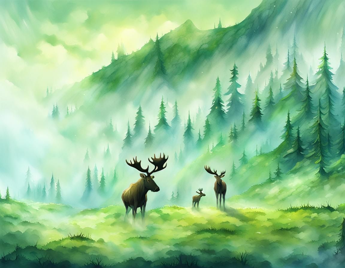 Anime Mountain Scene of Moose and Calf