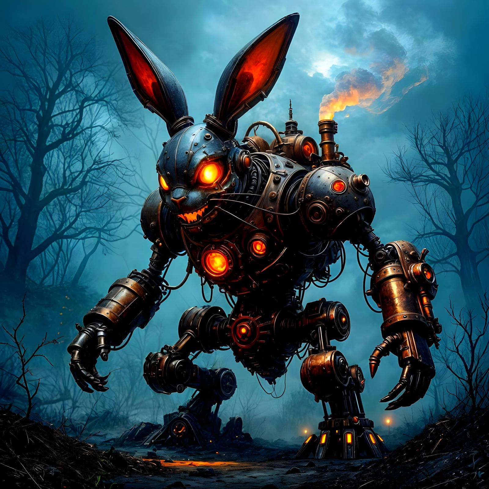 Twisted Easter Bunny Mech in a Haunting Steampunk Landscape