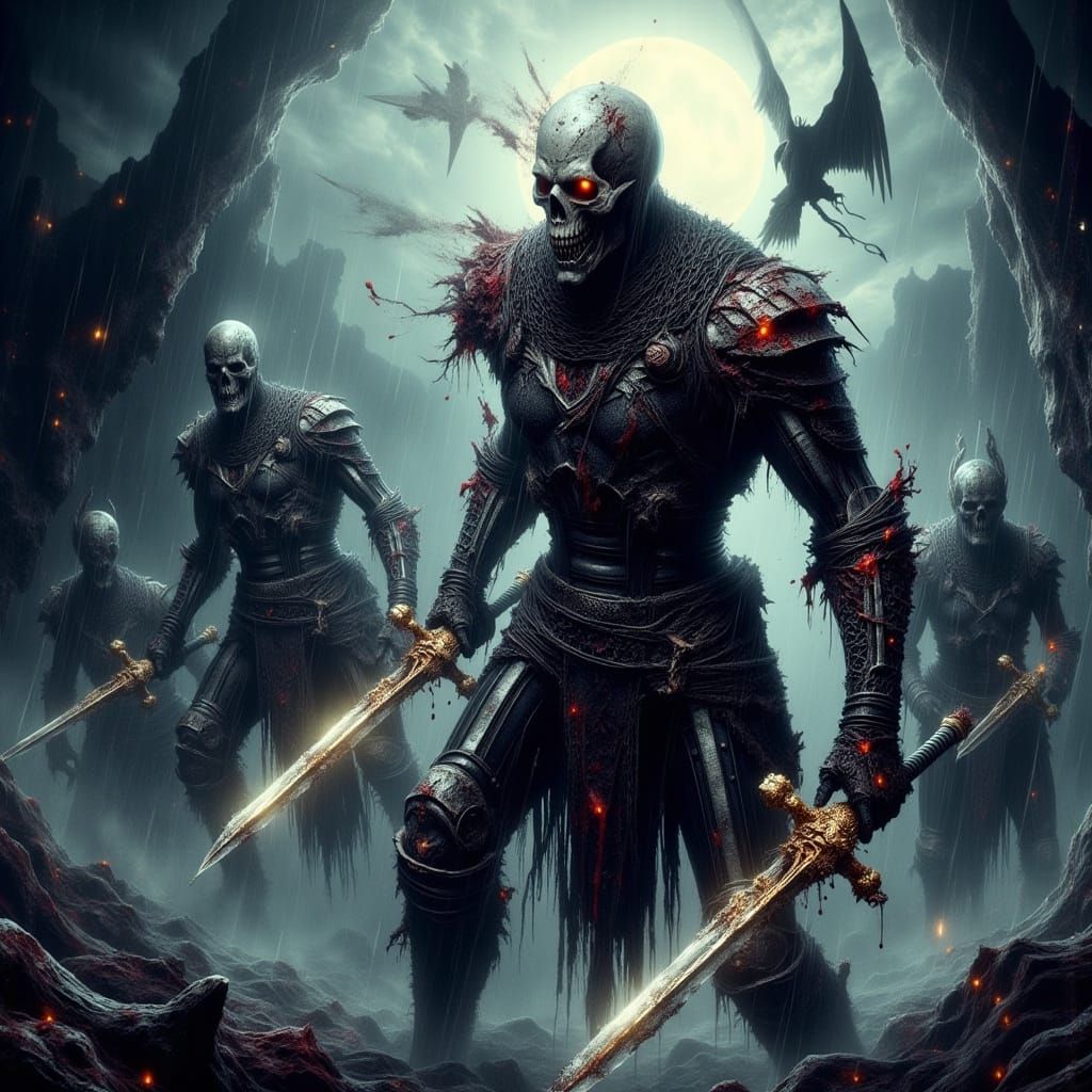 Skeleton Warrior Battles Knights in Castle Ruins