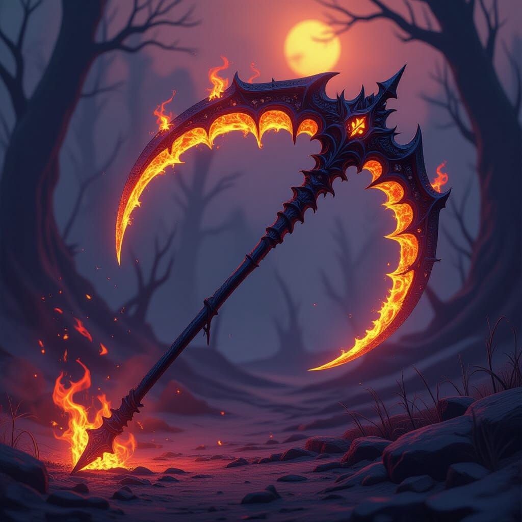 Bone and Fire Scythe in Desolate Underworld Concept Art