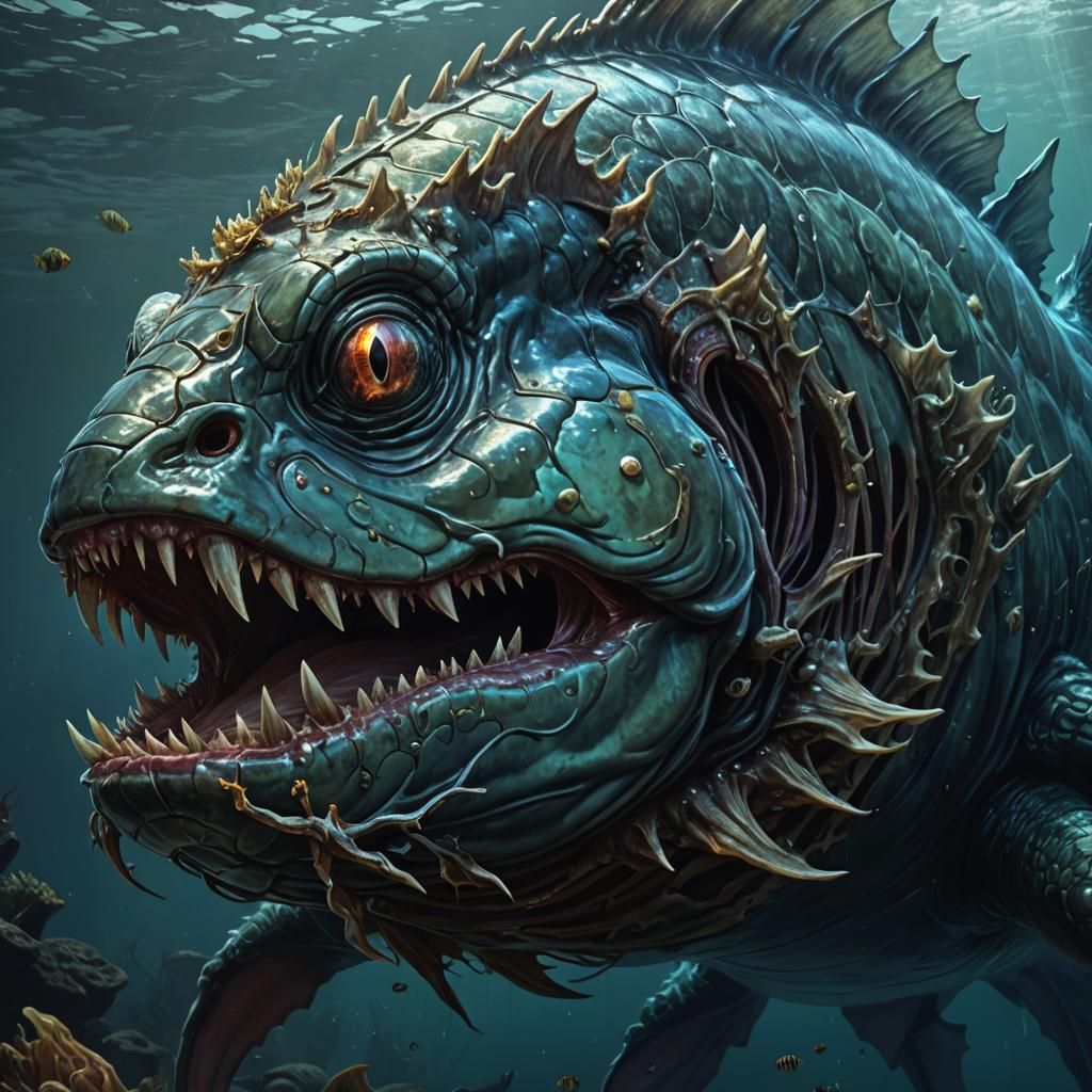 Eerie Sea Monster Piranha Fusion in Hyperrealistic Style