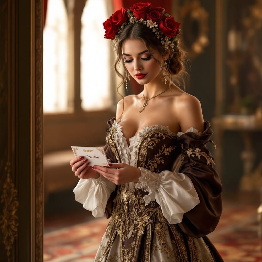 Regal Woman in Opulent Baroque Style, Weighed Down by Crown