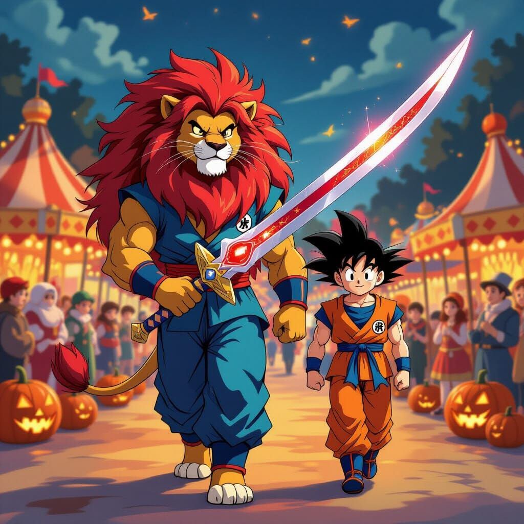 Anthropomorphic Lion Wrestler and Goku at Halloween Carnival