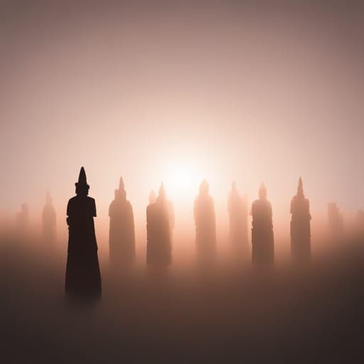 Shadowy Temple Landscape with Monks in Mist