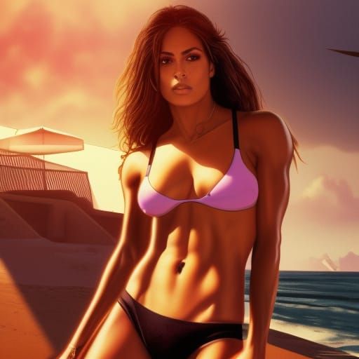 wet tanned large breasted muscular enhanced realistic female physique, realistic eva mendes face, relaxing, at beach, su...