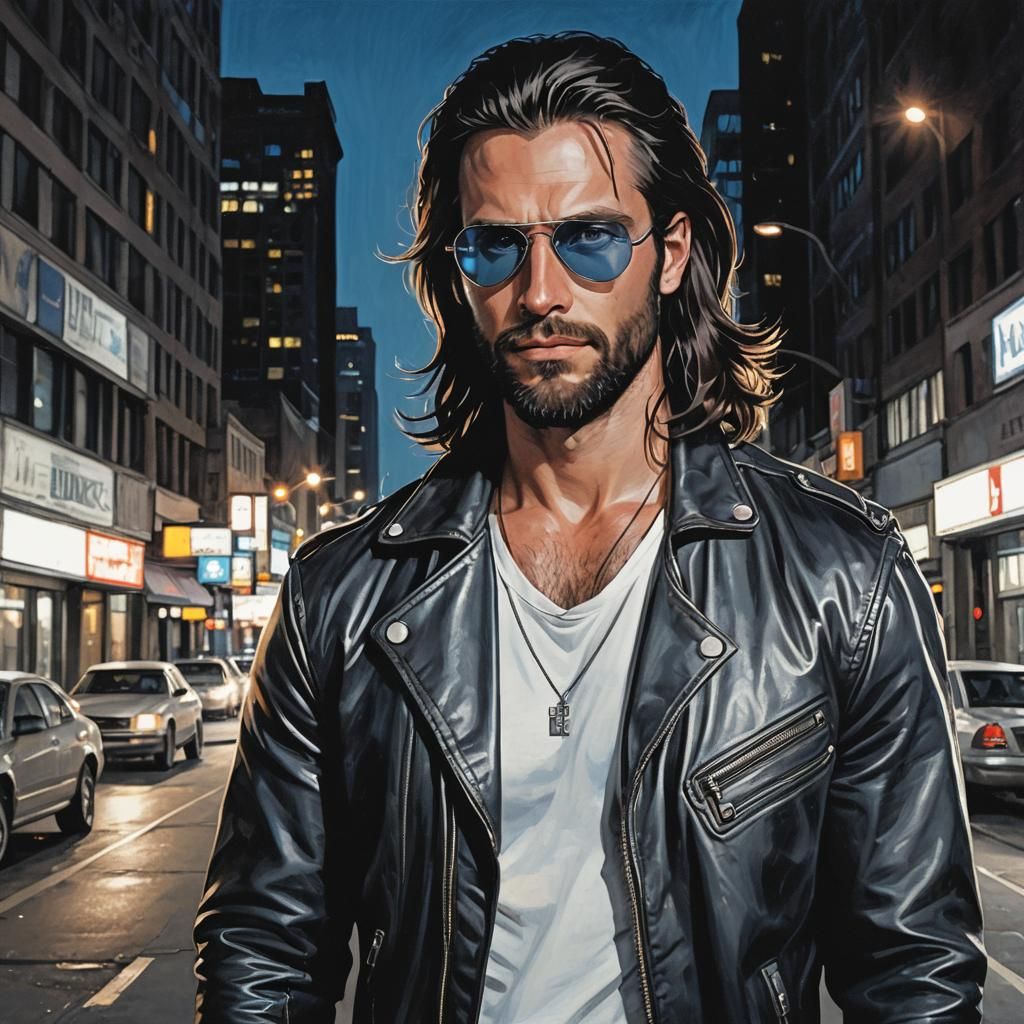 Rough Detroit Man with Aviators in American Comics Style