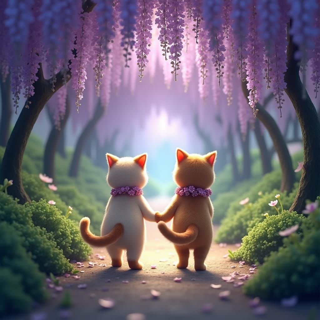 two adorable cats walking away not showing their faces, tails sticking out, holding each others paw., Behind them, the b...