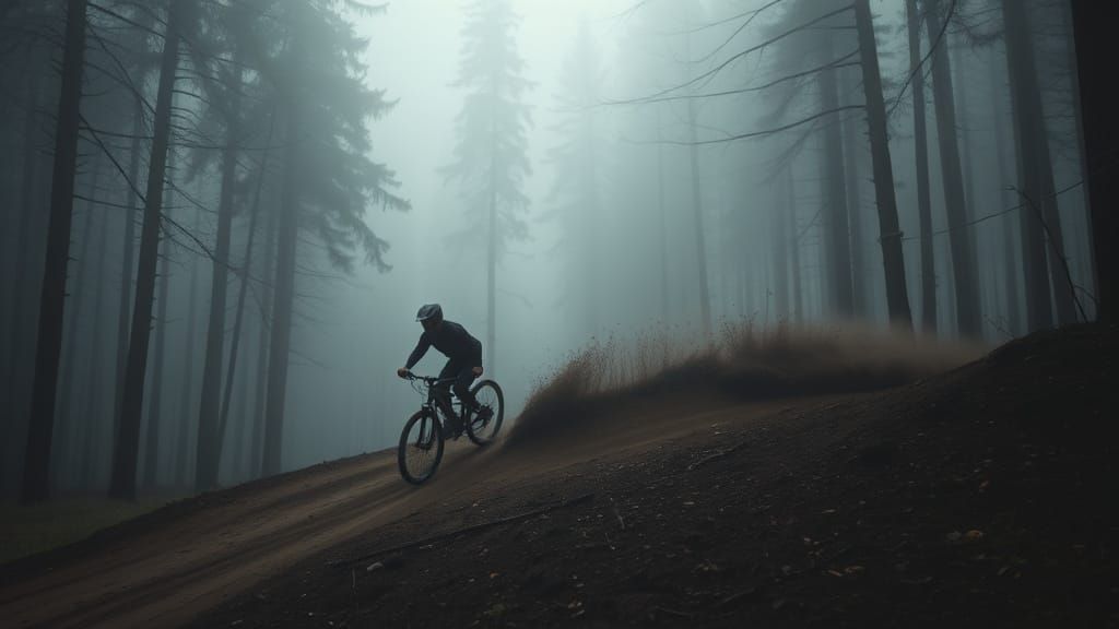 Gothic Forest Dirt Surfer in Misty Landscape