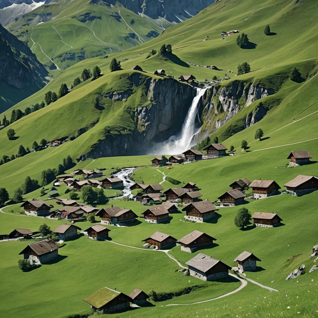Majestic Waterfall in Swiss Alps, Photorealistic Digital Pai...