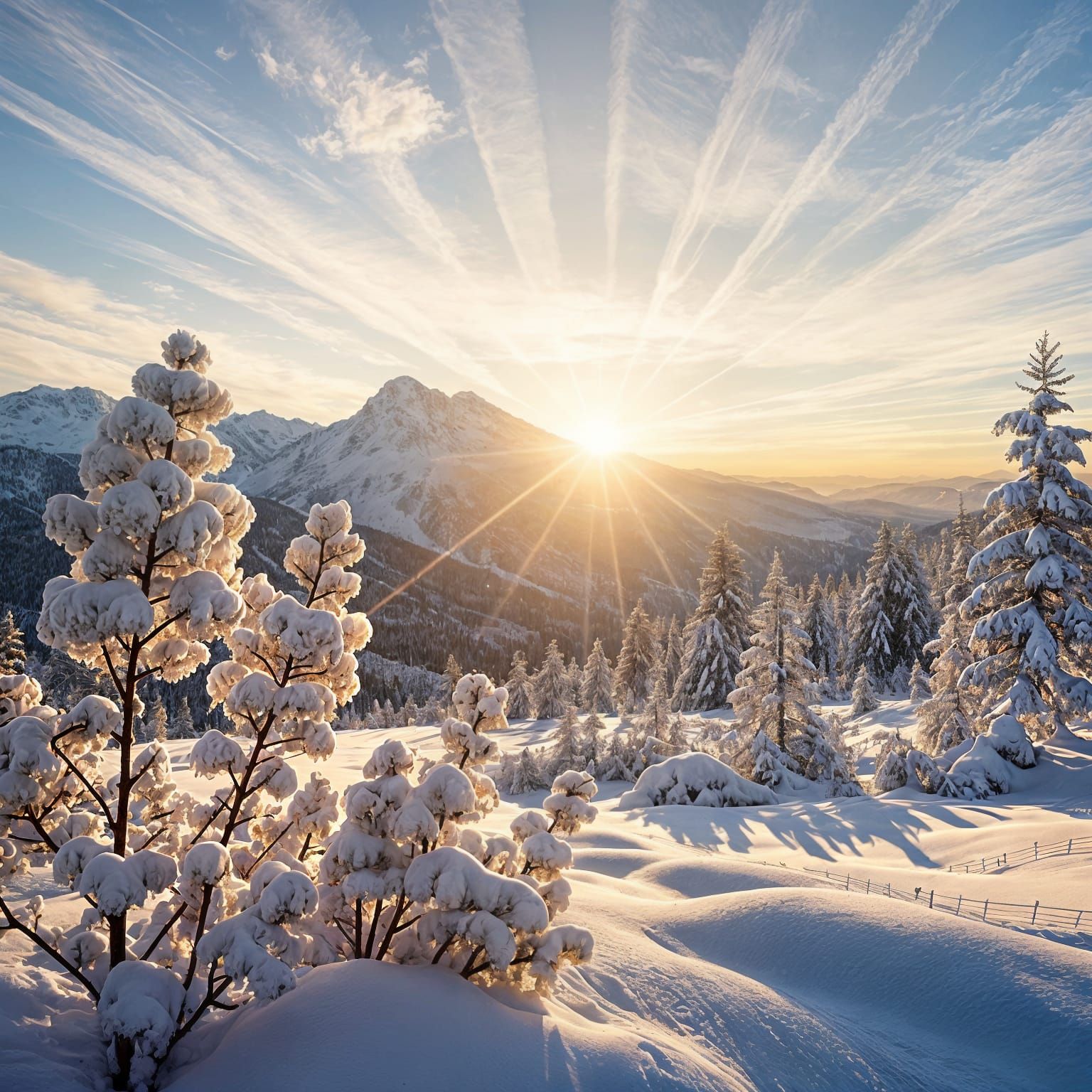Surreal Snowy Mountains at Dawn in Vibrant Colors