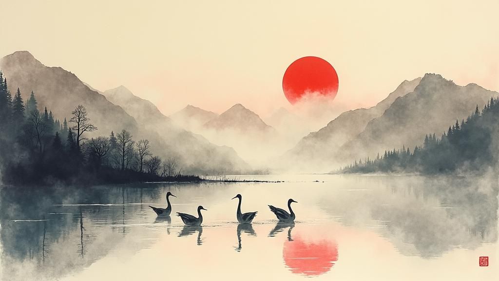Chinese Ink Painting: Cranes at Lakeside Dawn