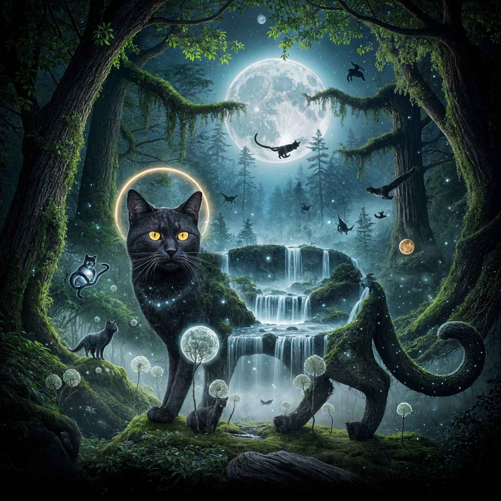 Black Cat Silhouette Merges with Mystical Forest Landscape
