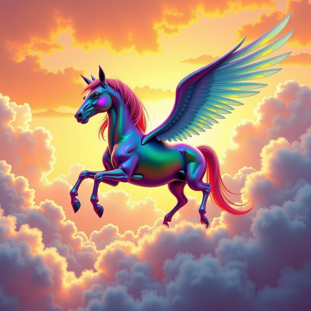 Rainbow Pegasus Soaring Through Sunrise Sky