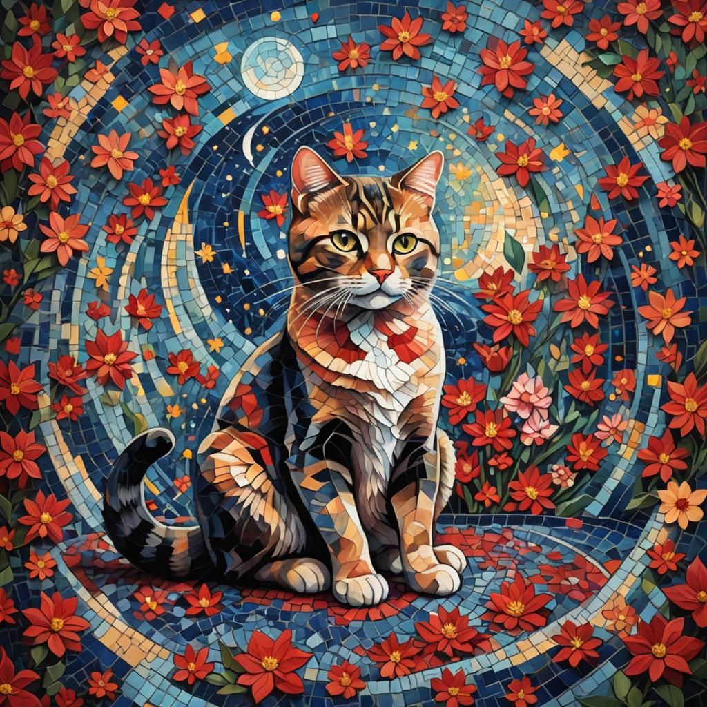 Surreal Cubist Cat with Flowers and Hourglass