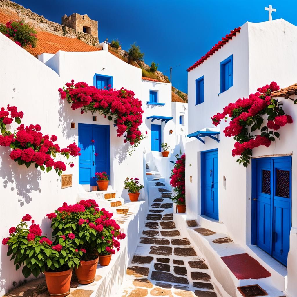 Picturesque Greek Village with Bougainvillea