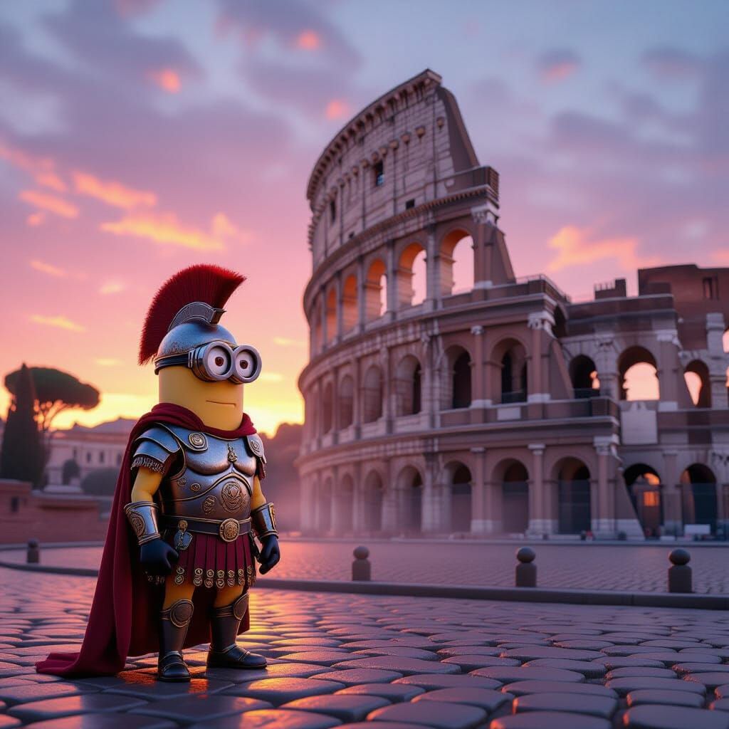 Minion Guarding Colosseum at Dawn in Roman Armor