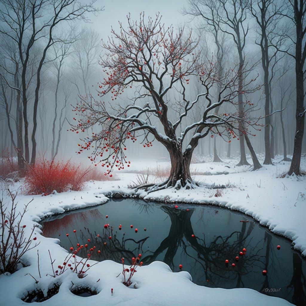 Wintertime Pond Scene in Vibrant Colors