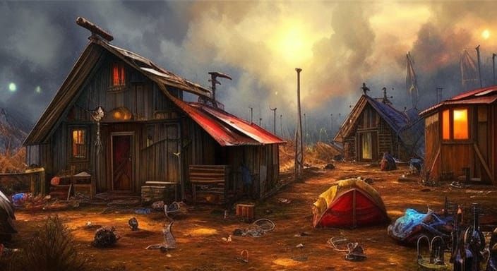 Post-Apocalyptic Gypsy Camp in Dark Fantasy Style