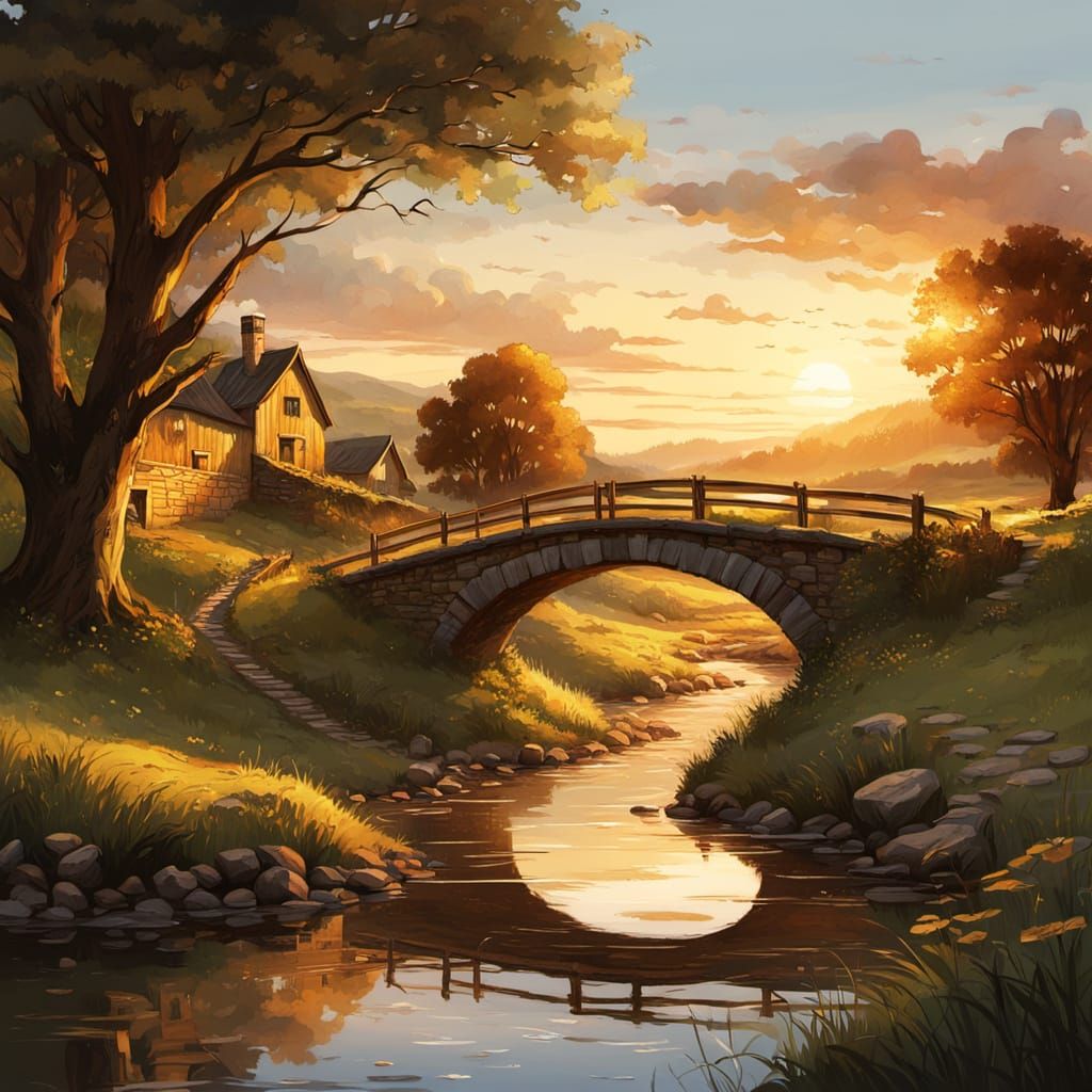 Serene Country Farm Stream at Sunset