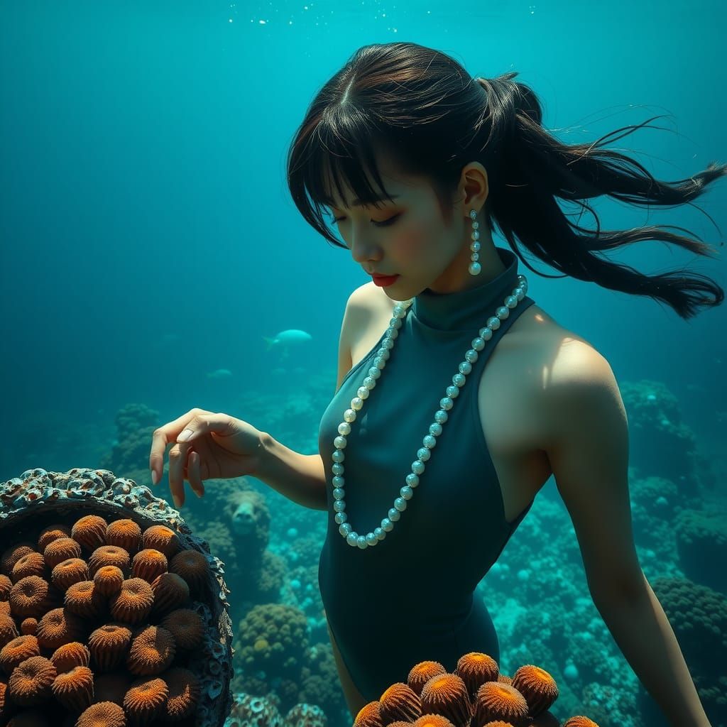 Underwater Pearl Diver in Hyper-Realistic Style