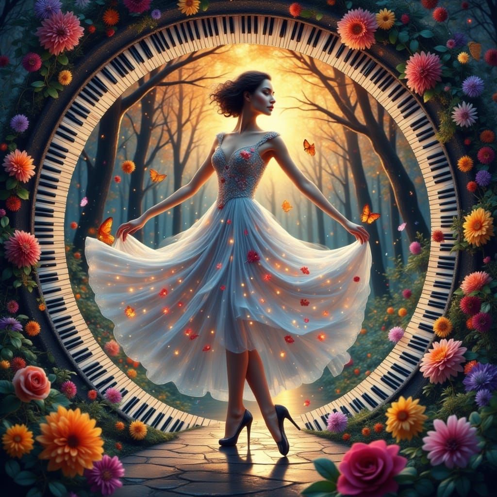 Enchanting Ballerina in a Piano Key Gown Dances Through Musi...