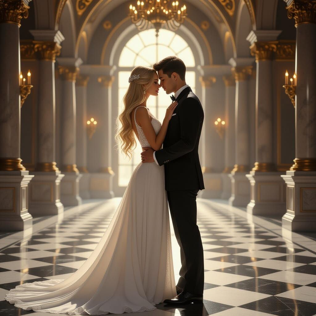 Embrace in Castle Hall: Hyperrealistic Digital Art
