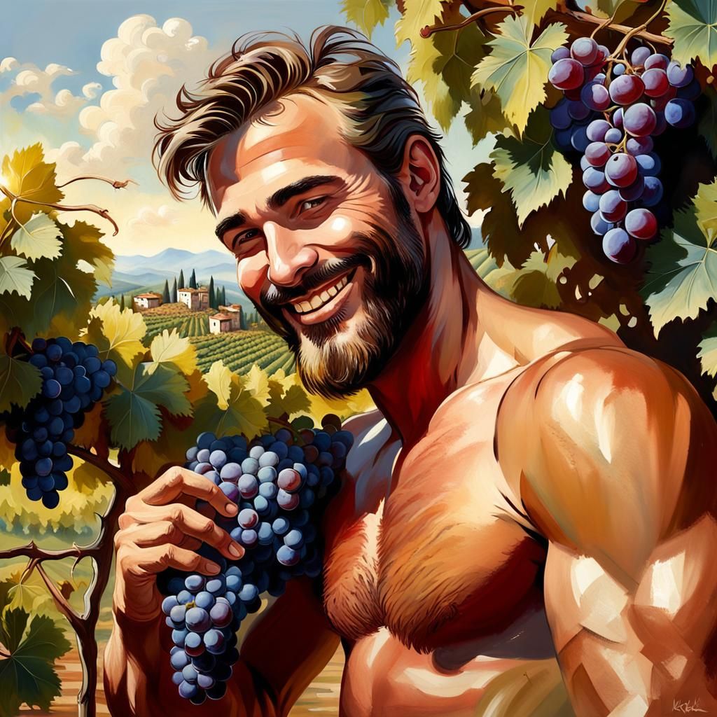 Bearded Man Harvesting Grapes in Tuscan Vineyard