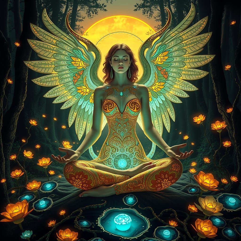 Mystical Goddess Emerges from the Dark with Majestic Swan Wi...