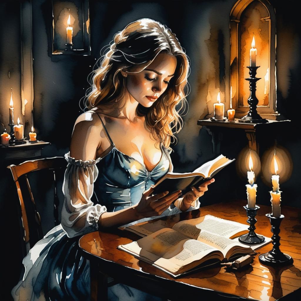 Woman Reading by Candlelight: Ink and Watercolor Art