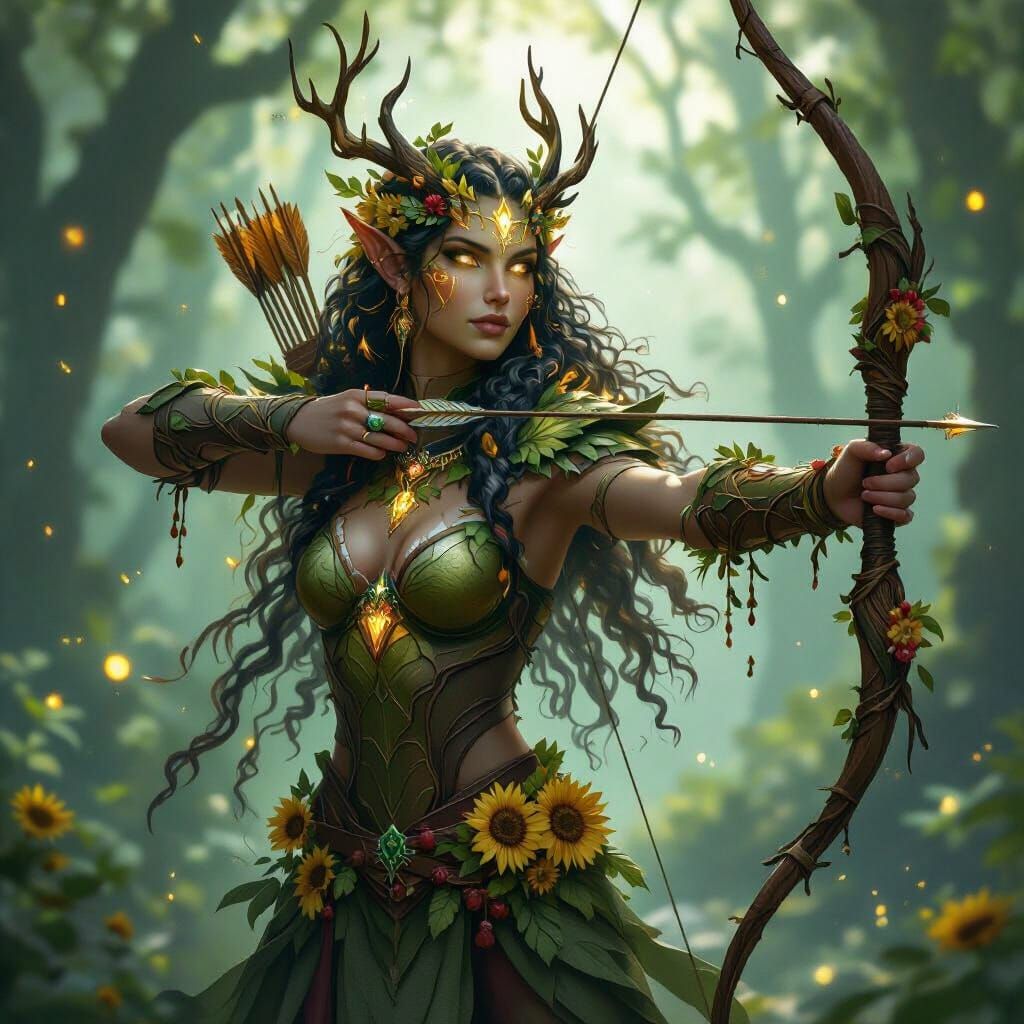 Radiant Eladrin Ranger of Summer in Forest Clearing