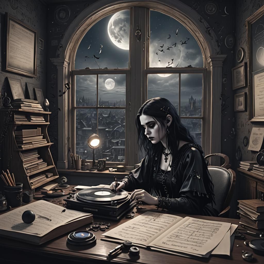 Sad Goth Girl Writing by Moonlight