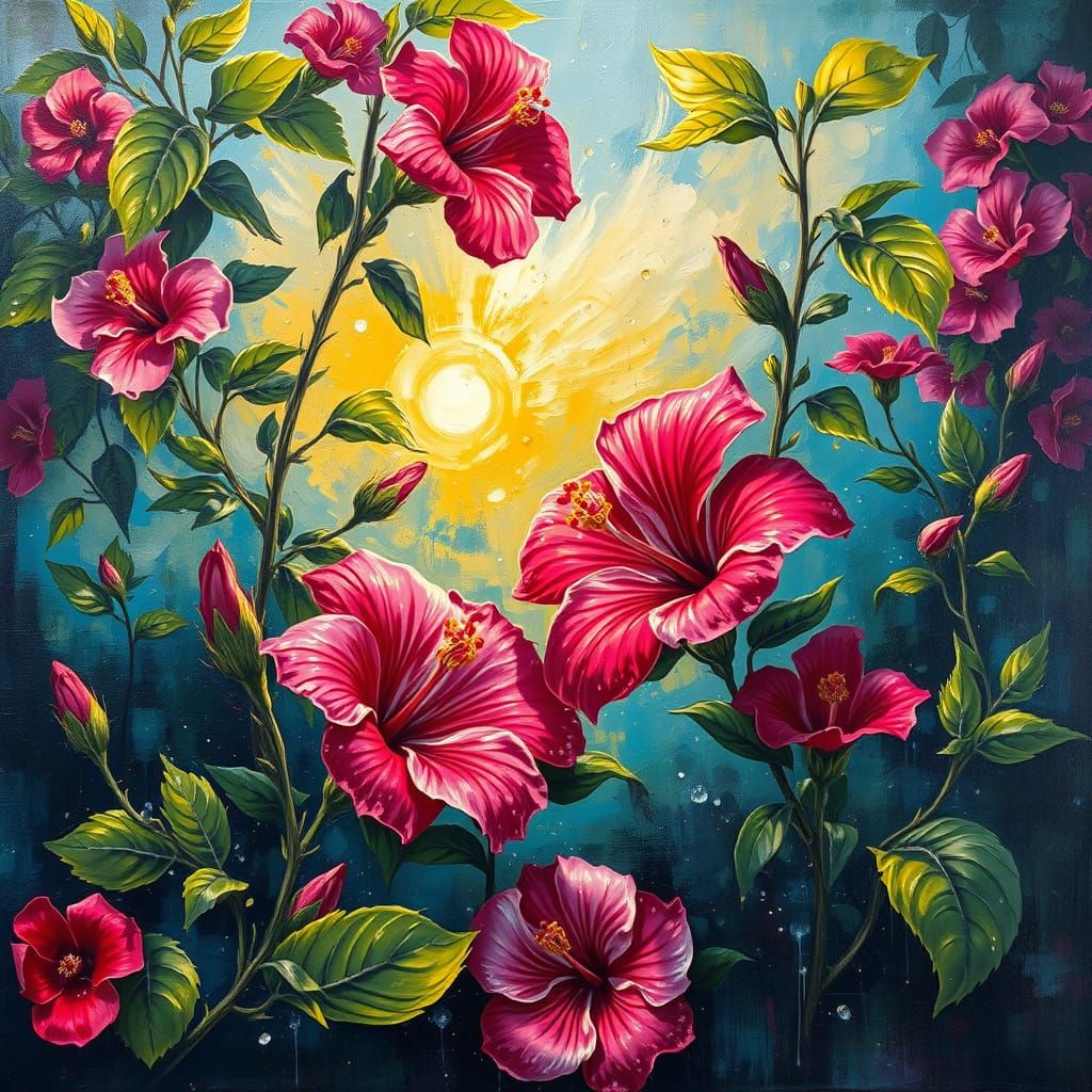 Lush Hibiscus Landscape in Oil with Bioluminescence