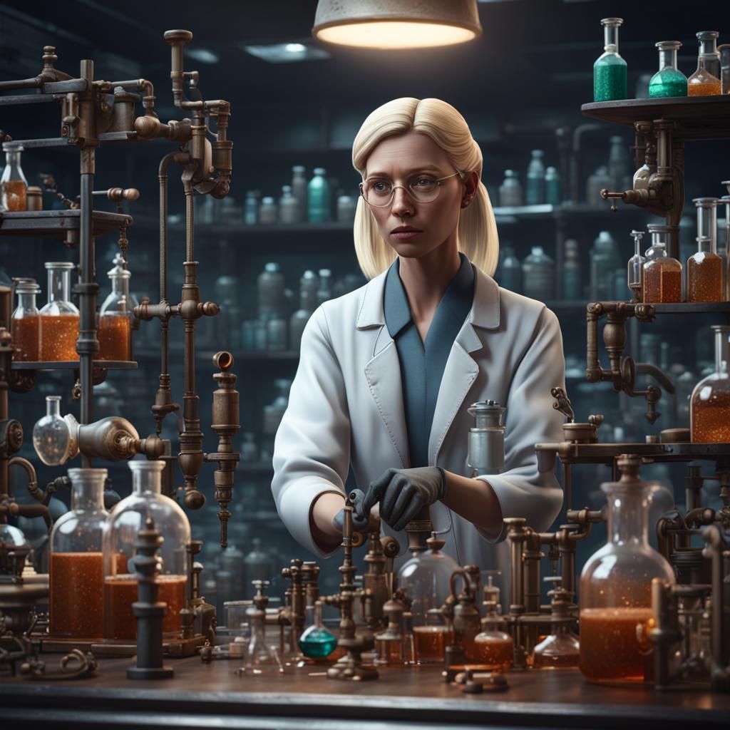 Female Chemist Working in Laboratory: Fantasy Concept Art