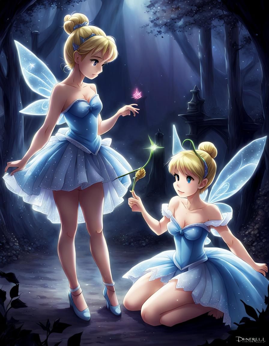 Cinderella and Tinkerbell in Dark Anime Style
