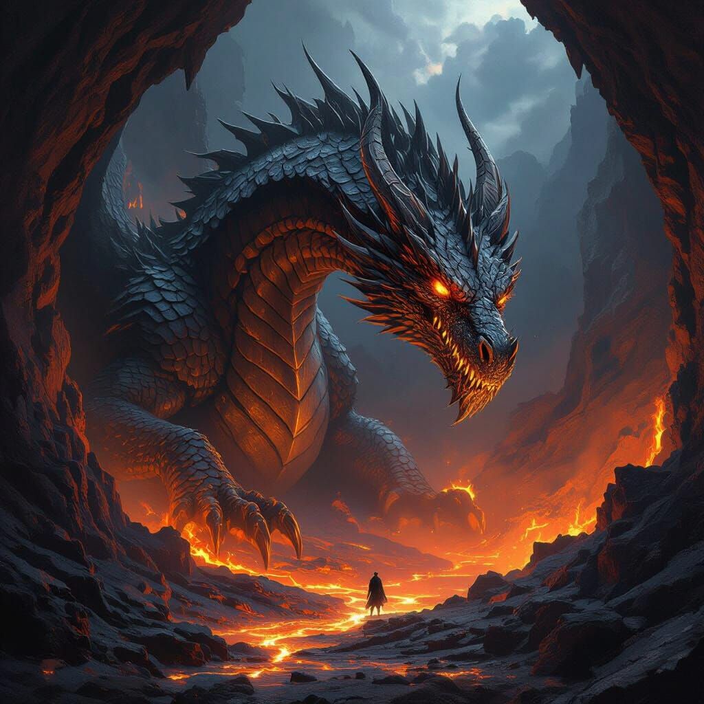 Colossal Obsidian Dragon Awakens in Volcanic Caldera