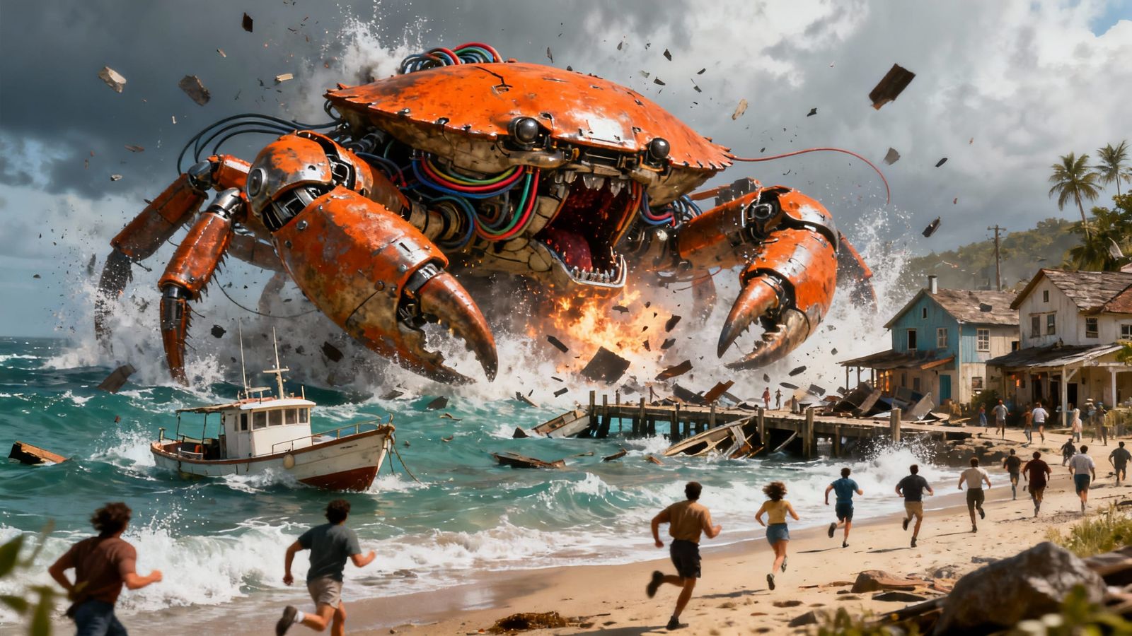 Gigantic Cyborg Crab Attacks Seaside Village