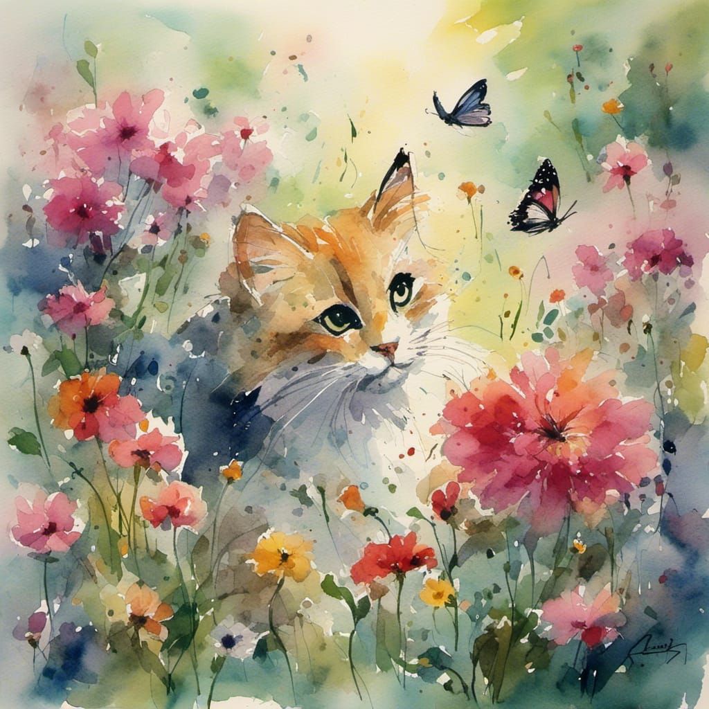 Watercolor Cat in Garden Splash Art