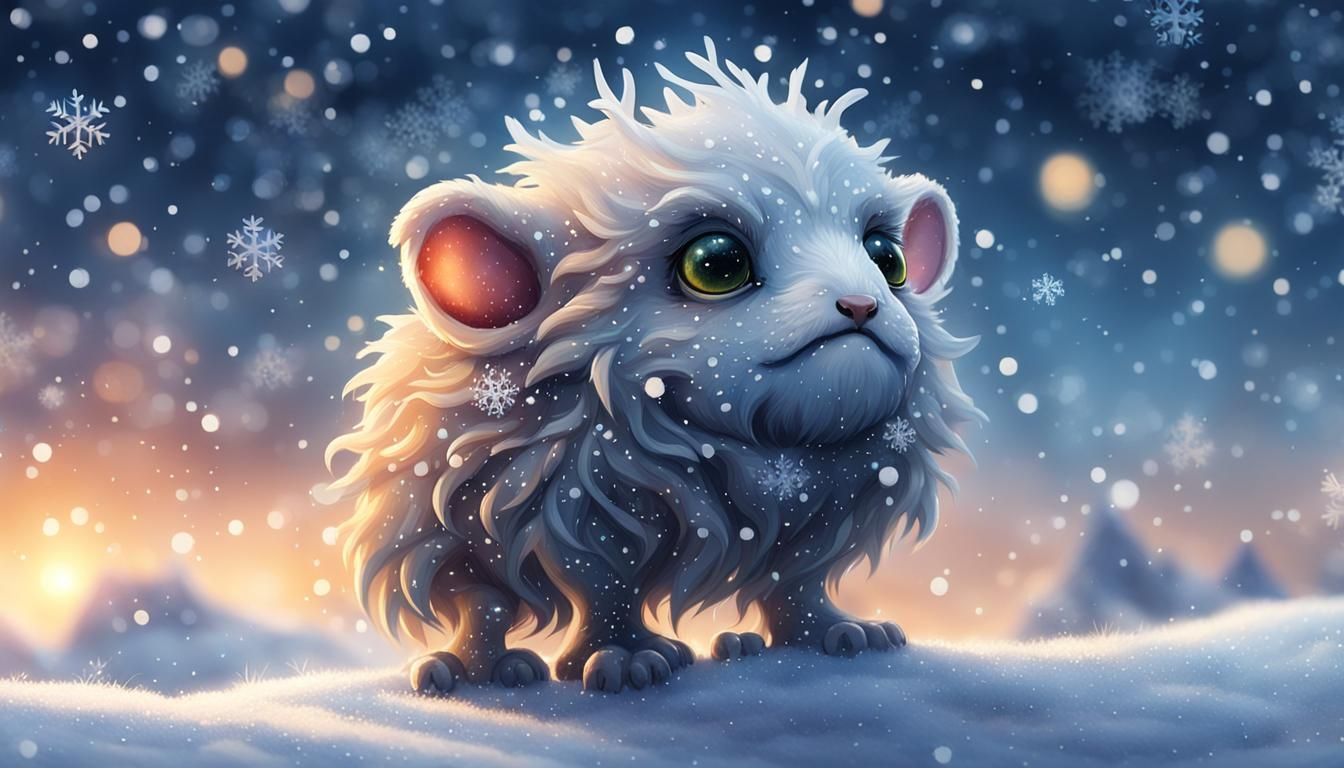 Cute Fantasy Creature in Snowy Sunset Landscape