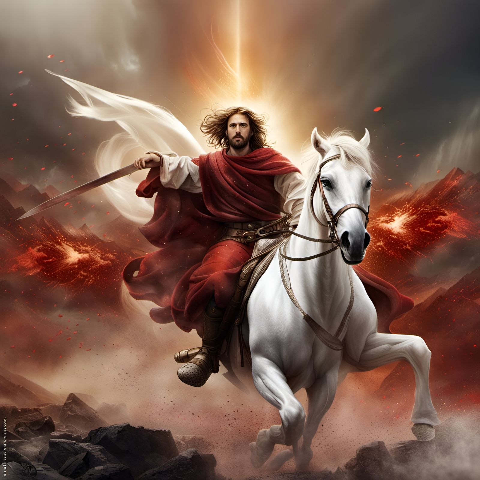Epic Battle Scene: Religious Figure on White Horse