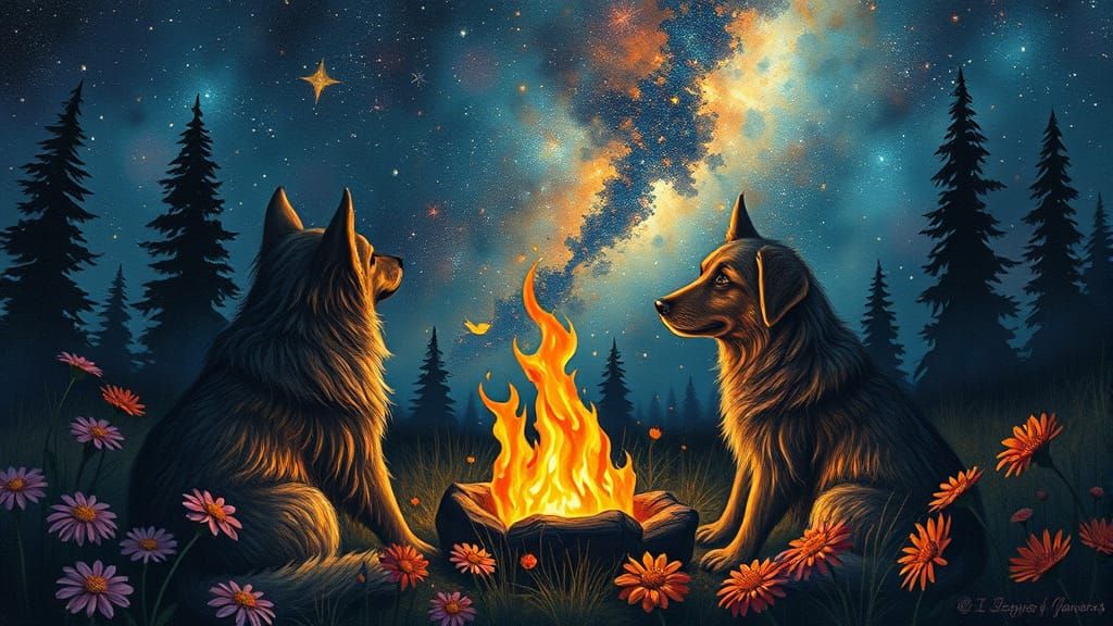 Fairytale Campfire Scene with Dogs and Stars