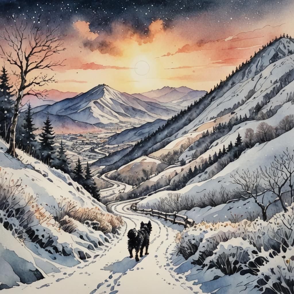Enchanting Snowy Landscape in Japan: Watercolor and Ink