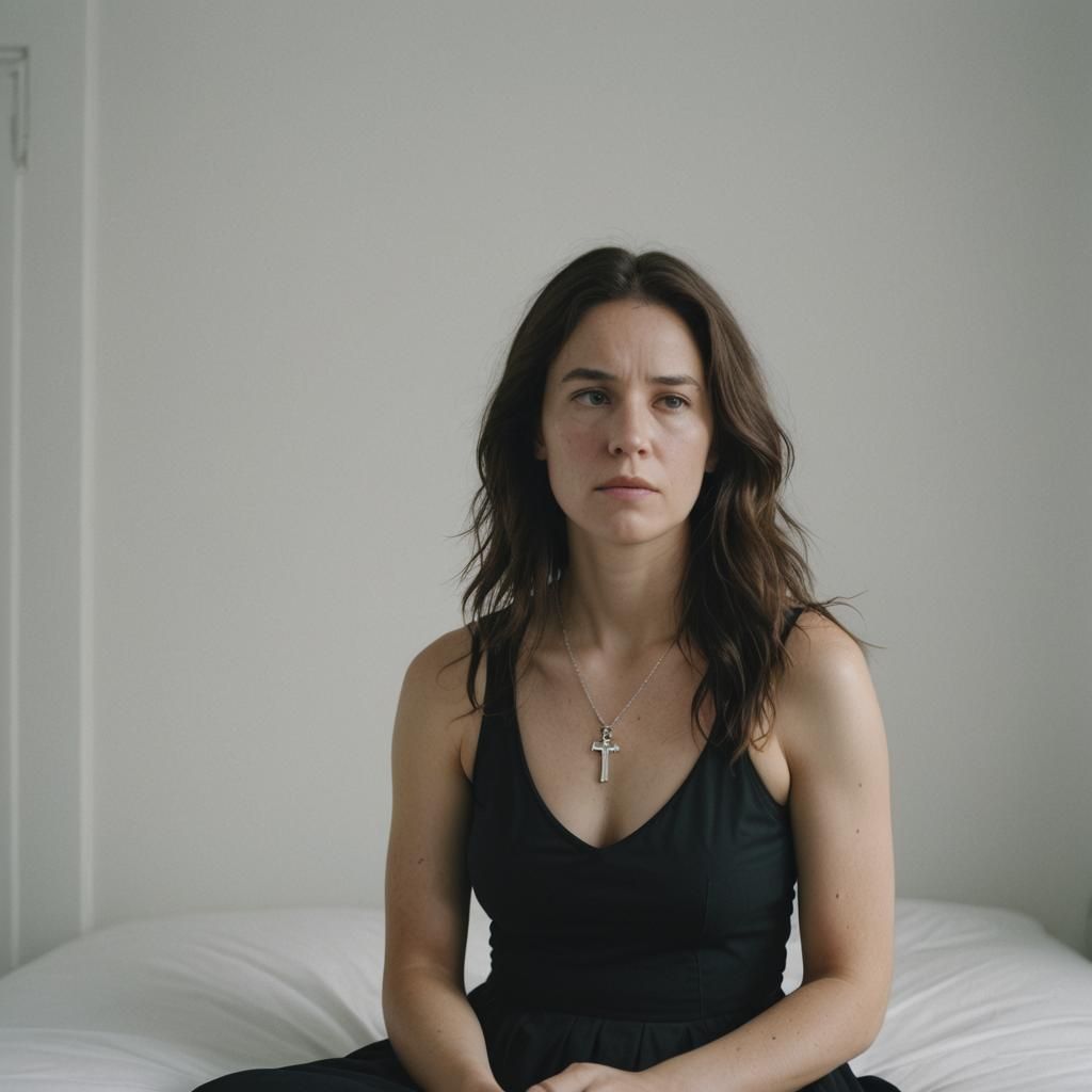 Cinematic Portrait of Woman in Bright Bedroom