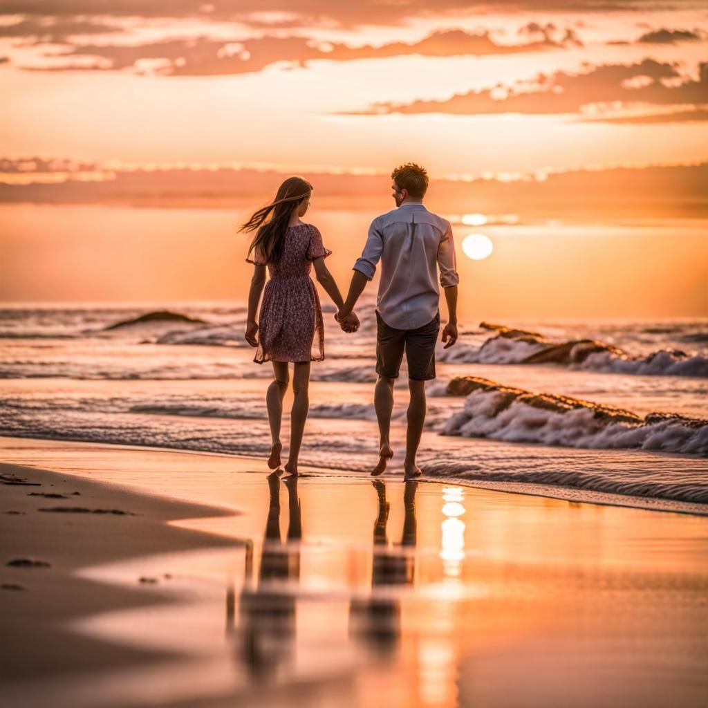 Family Holding Hands on Beach at Sunset