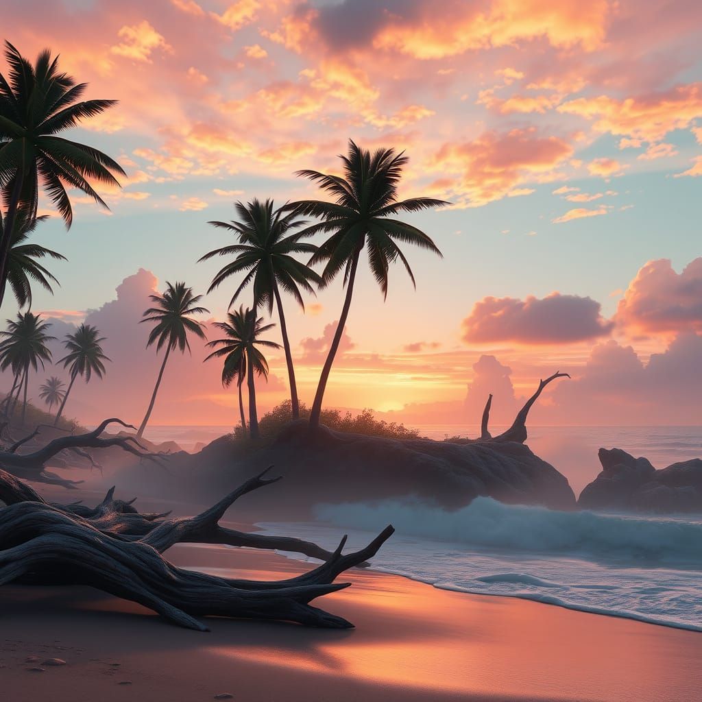 Sunset Pacific Coast Landscape with Palm Trees and Driftwood