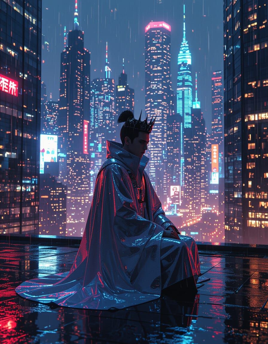 Futuristic Gothic Prince in Techno-Pop Cityscape