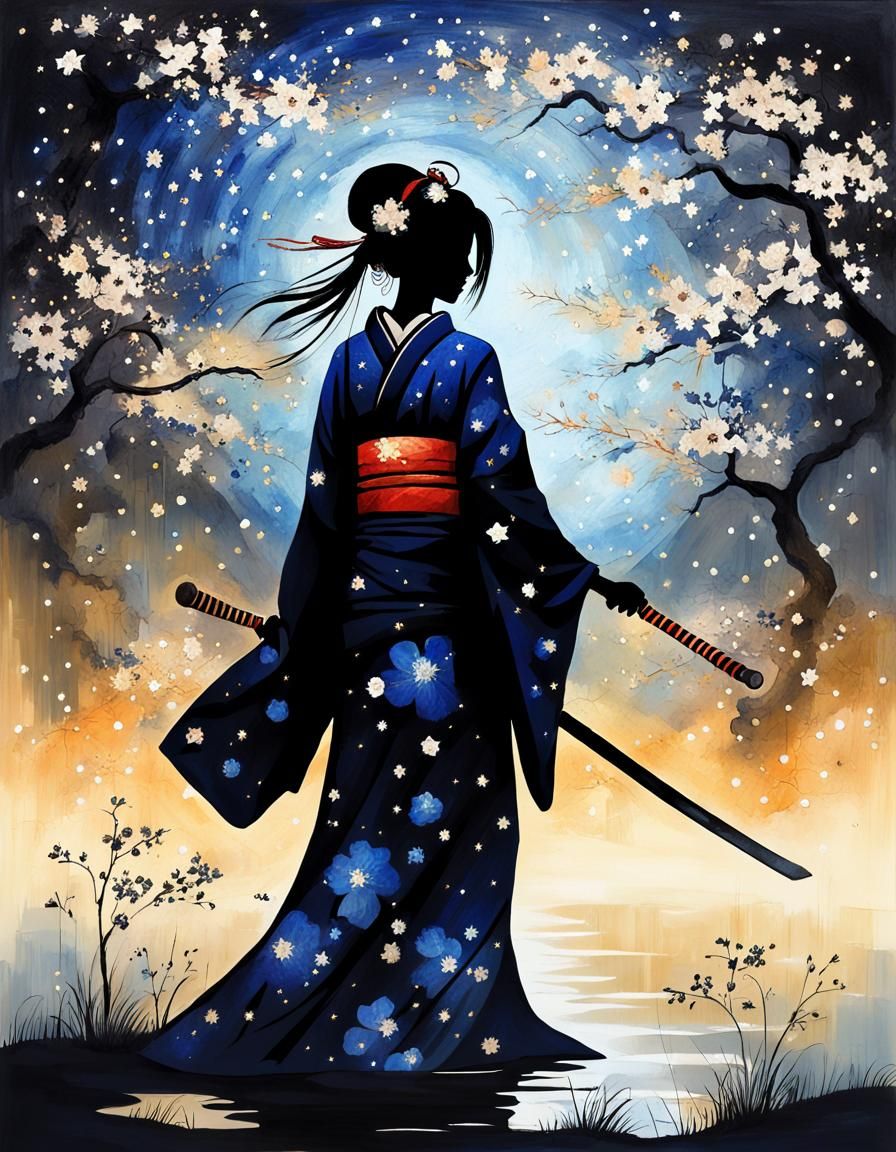 Dark Samurai Geisha in Starry Blossom Impressionism