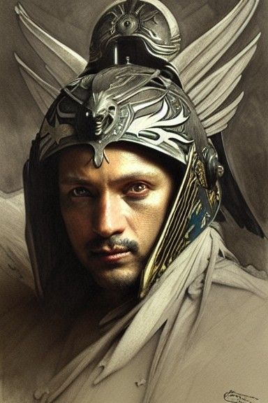 Winged Knight with Tiger Helmet in Mucha Style