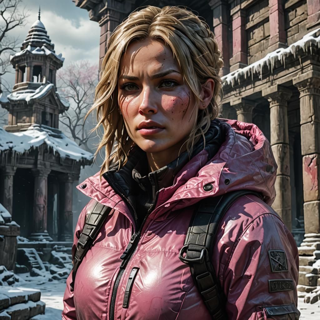 Female Tomb Raider, dark-pink (shiny nylon puffy down jacket:2.9), blond hair, wearing torn winter clothing and rags, ol...